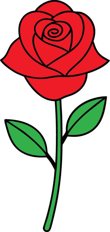 Single Red Rose Flower Drawing, Simple Stem, Green Leaves vector