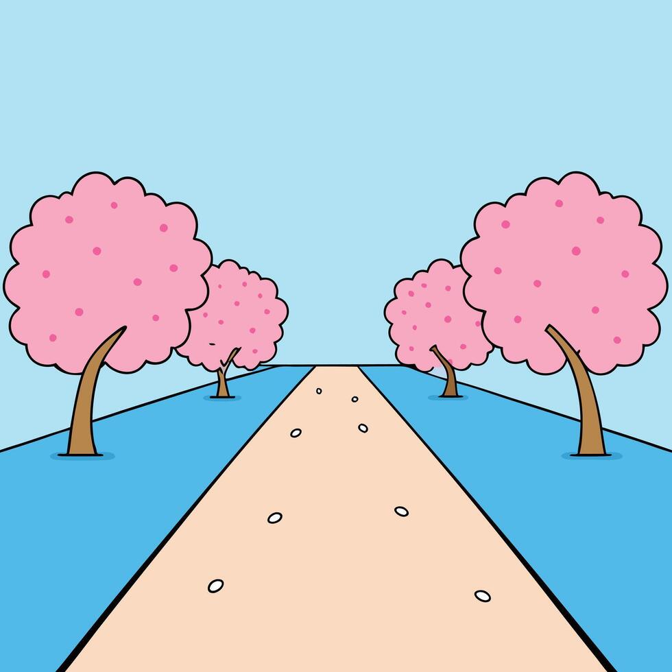Pink Blossom Trees Line Scenic Spring Path, Tranquil View vector