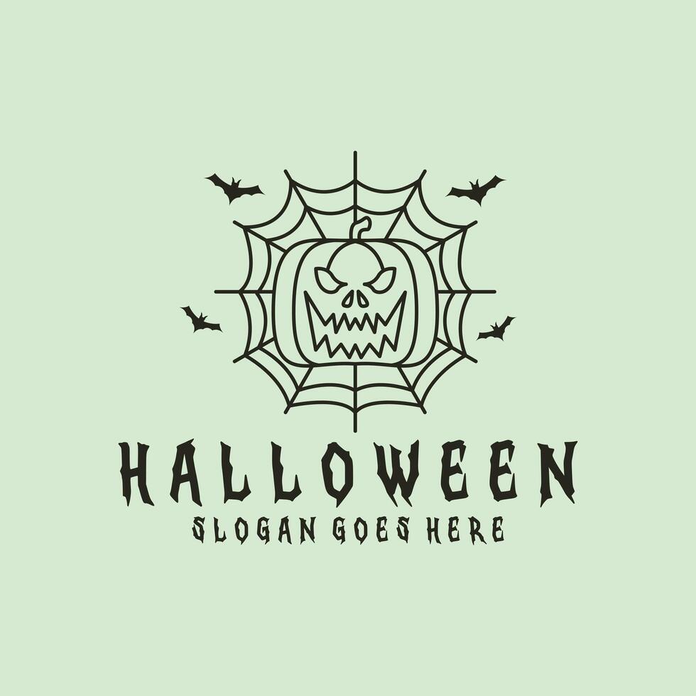 Halloween pumpkin logo line illustration with minimalist design with spider web and bats vector