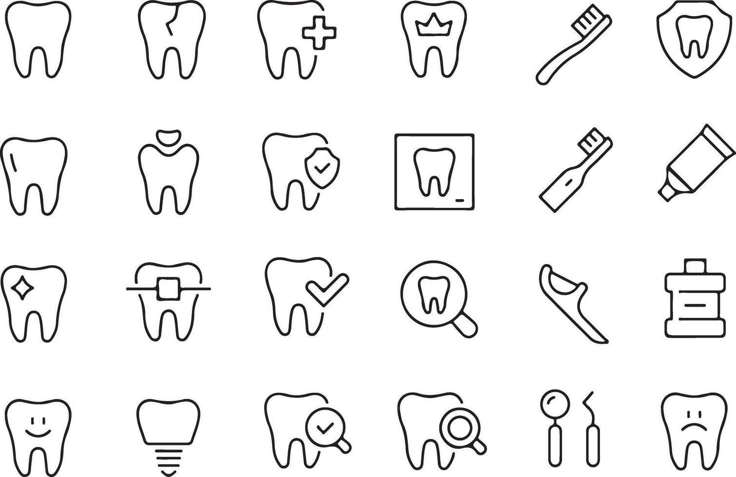 Pixel perfect icon set of dental health tooth care dentist toothpaste toothbrush. Thin line icons flat illustrations isolated on white and transparent background vector