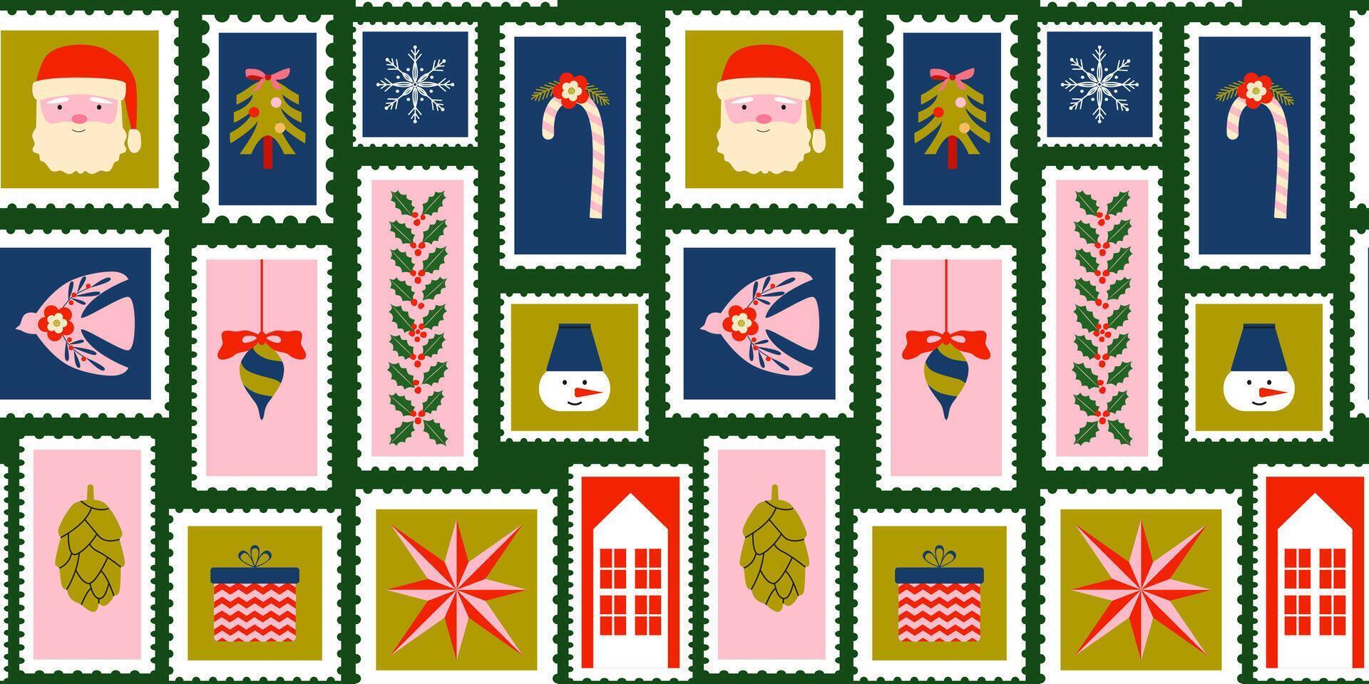 Christmas stamps seamless pattern. Holiday vibes. Geometric Christmas festive elements. New year icons, marks, badges, labels, stickers. Retro vintage background, wallpaper, wrapping paper. . vector