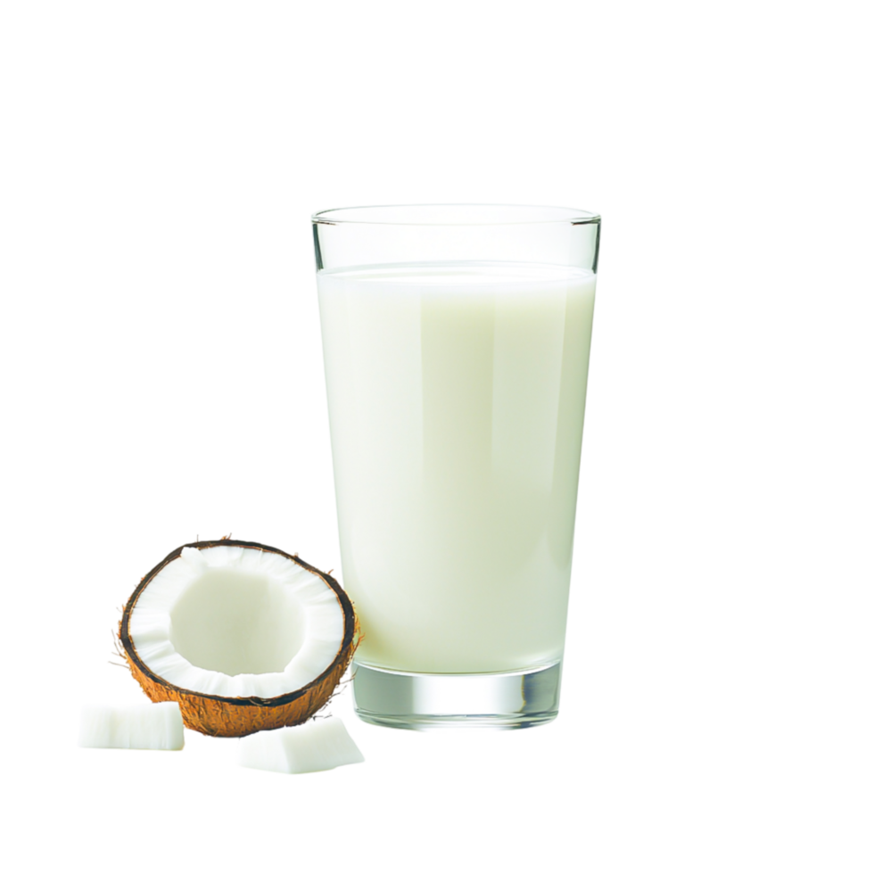 Fresh Coconut Milk in Glass with Open Coconut Shell png