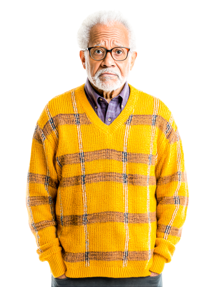 Thoughtful Elderly Man in Yellow Sweater png