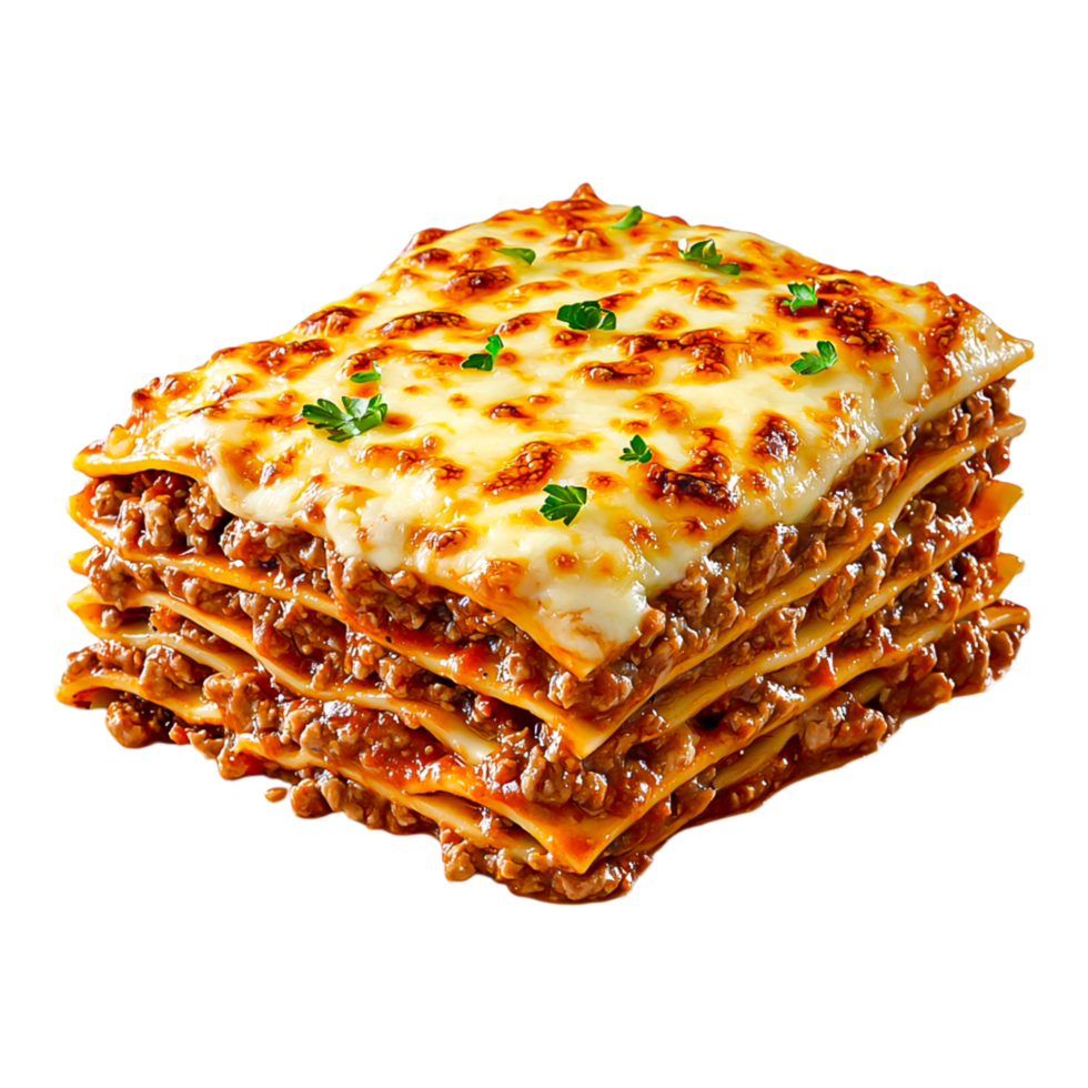 Delicious Layered Meat Lasagna with Cheese Topping png