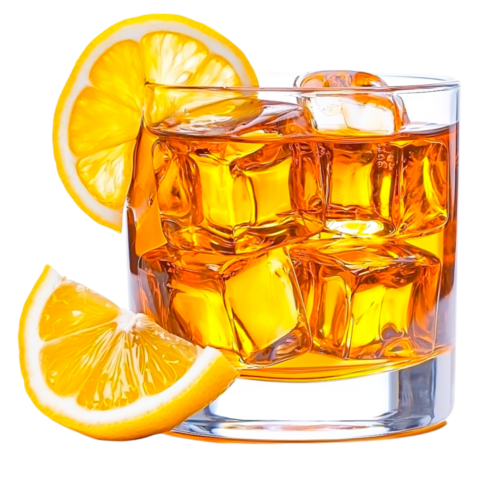 Refreshing Glass of Whiskey with Lemon Slices png