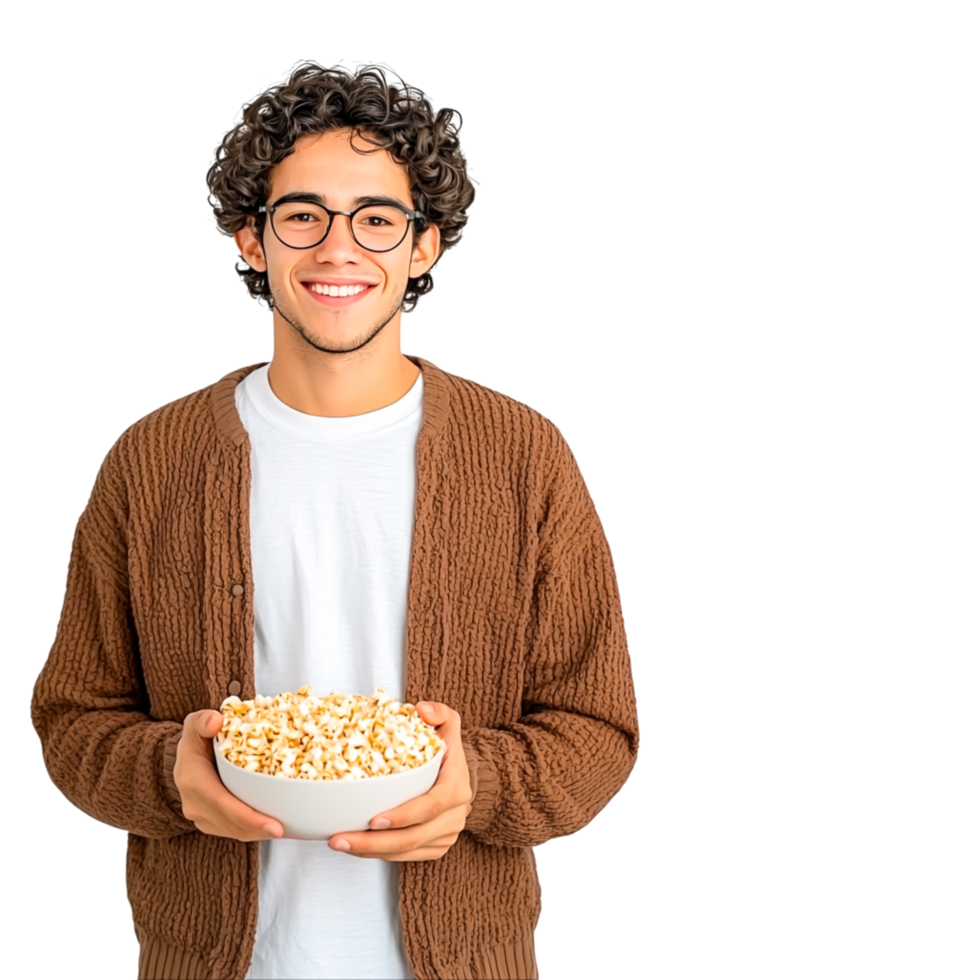 Young Man Enjoying Bowl of Popcorn with a Smile png