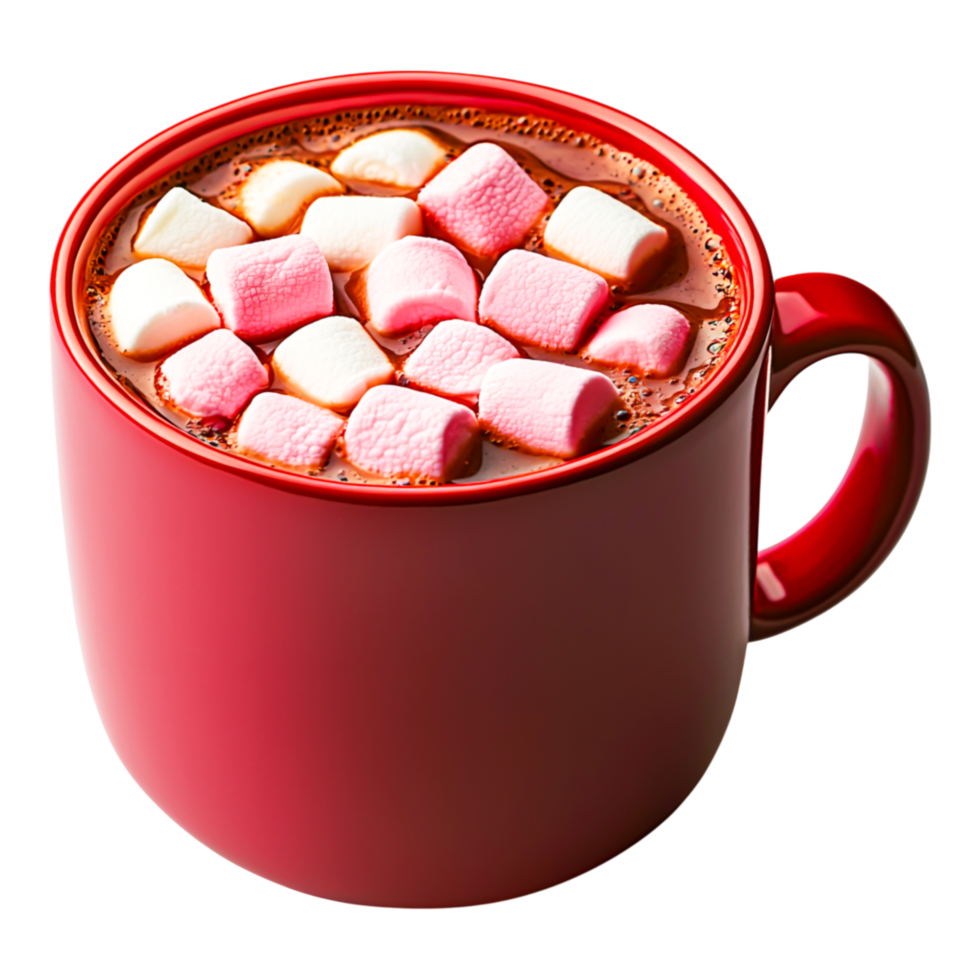 Cozy Red Mug Filled with Hot Chocolate and Colorful Marshmallows png