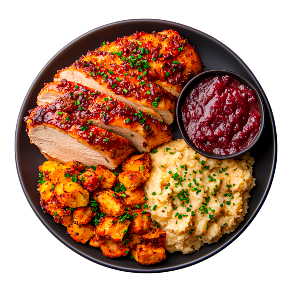 Deliciously Plated Roast Chicken with Sides of Mashed Potatoes png