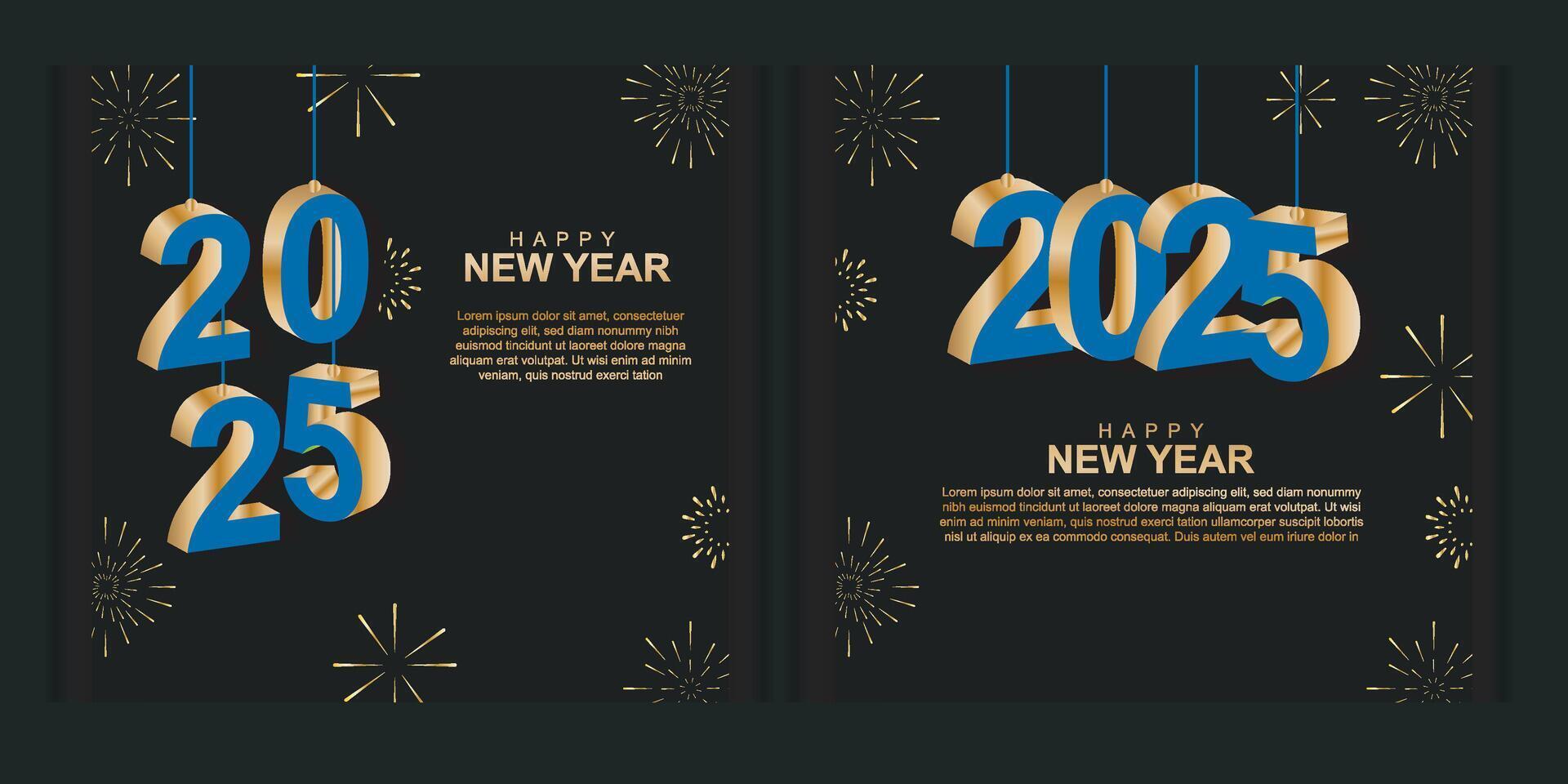 Square design social media template. happy new year 2025 with 3d gold text and gold ribbon decoration new year celebration vector