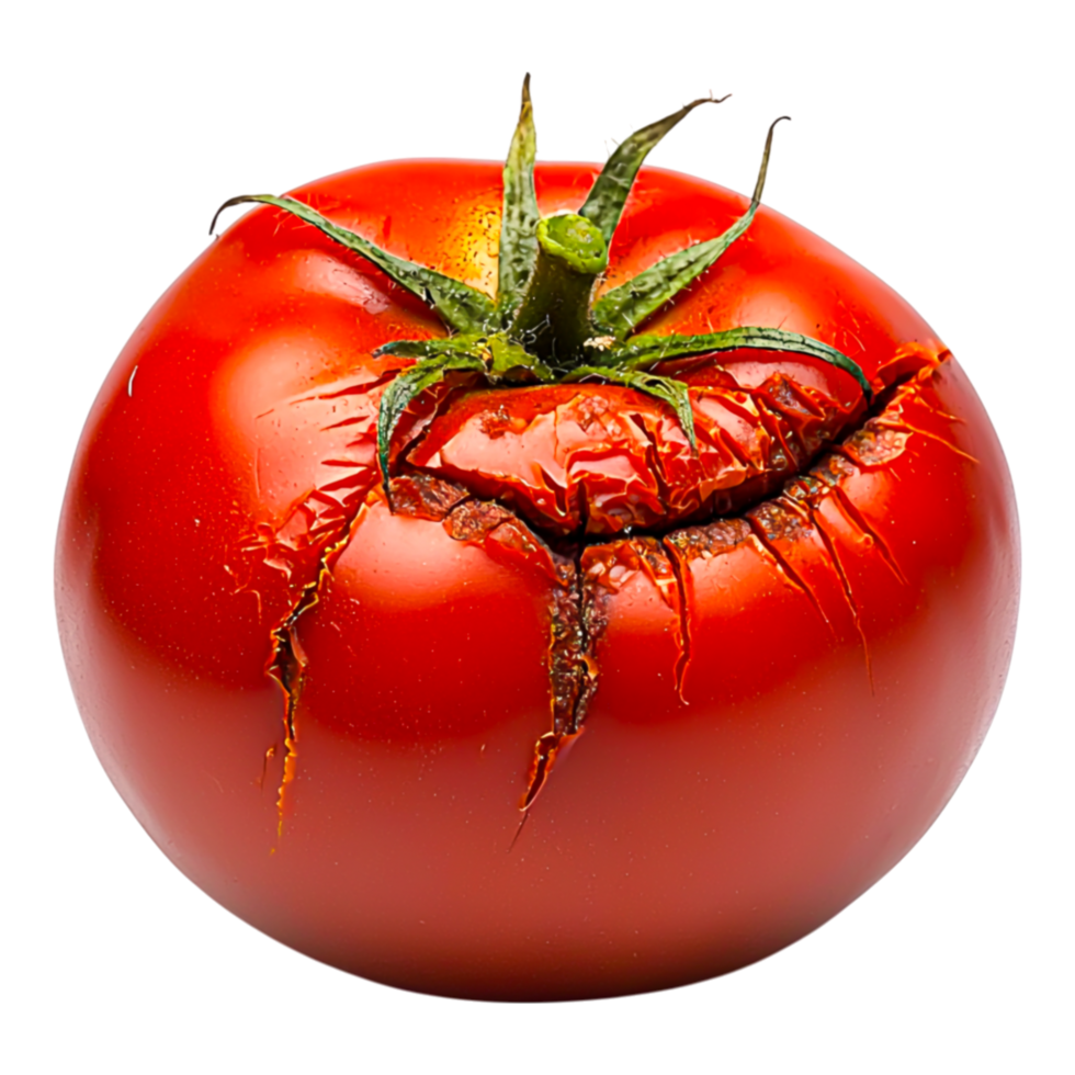 Fresh Red Tomato with Cracked Skin and Imperfections Close Up png