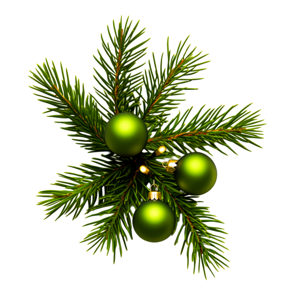 Christmas Pine Branch with Green Ornaments and Fairy Lights Decoration png