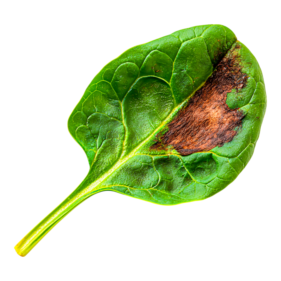 Detailed Close-Up of Fresh Spinach Leaf with Brown Spot Damage png