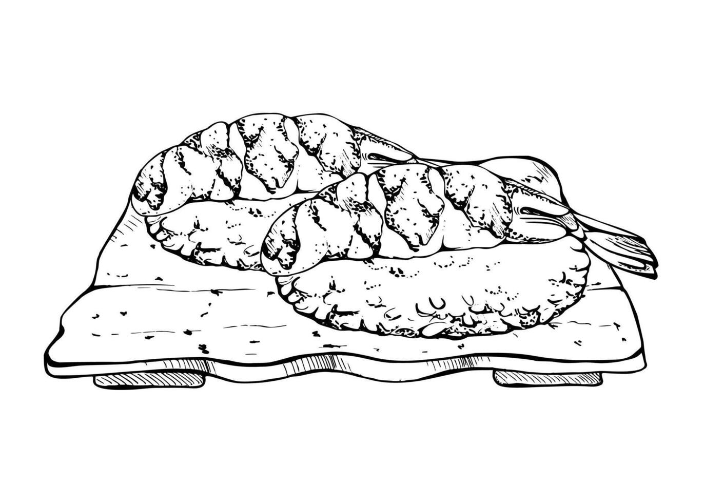Japanese food nigiri sushi set served on ceramic plate with raw fish salmon tuna shrimp seabass, hand drawn in pen and ink. Illustration for restaurant, cafe menu, kitchen print, recipe book vector