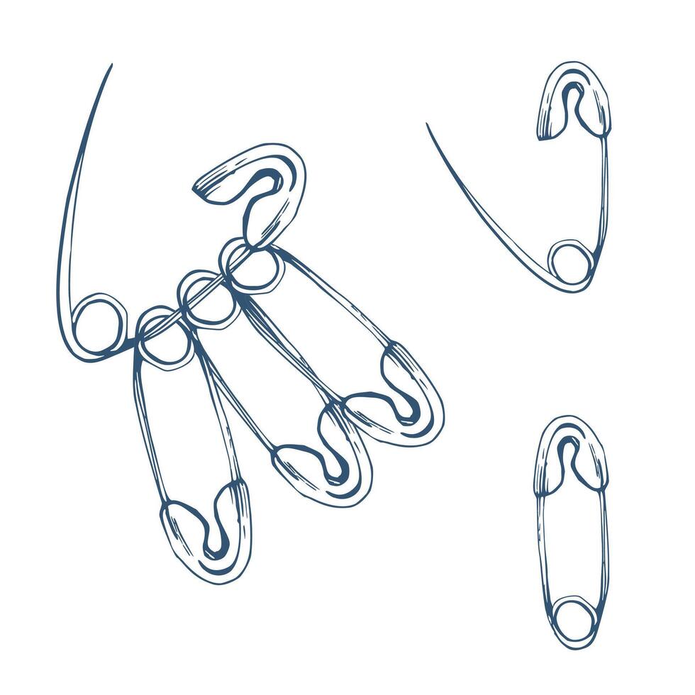 Silver metal safety pins, sewing mending embroidery craft supplies. Hand drawn ink illustration. Composition and single objects isolated on white background. Design atelier, tailor, hobby shop vector
