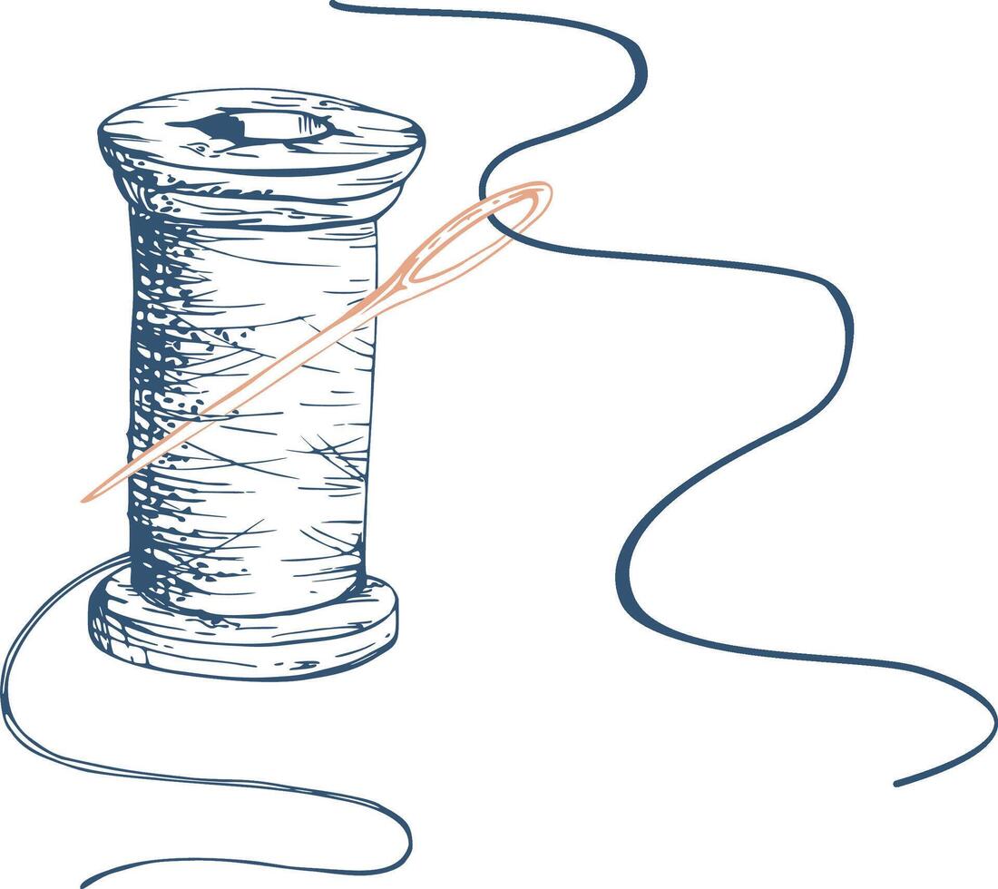Wooden indigo thread spool skein bobbin, pin needles. Hand drawn ink illustration sewing craft embroidery supplies. Composition isolated on white background. Design atelier, tailor, hobby shop vector