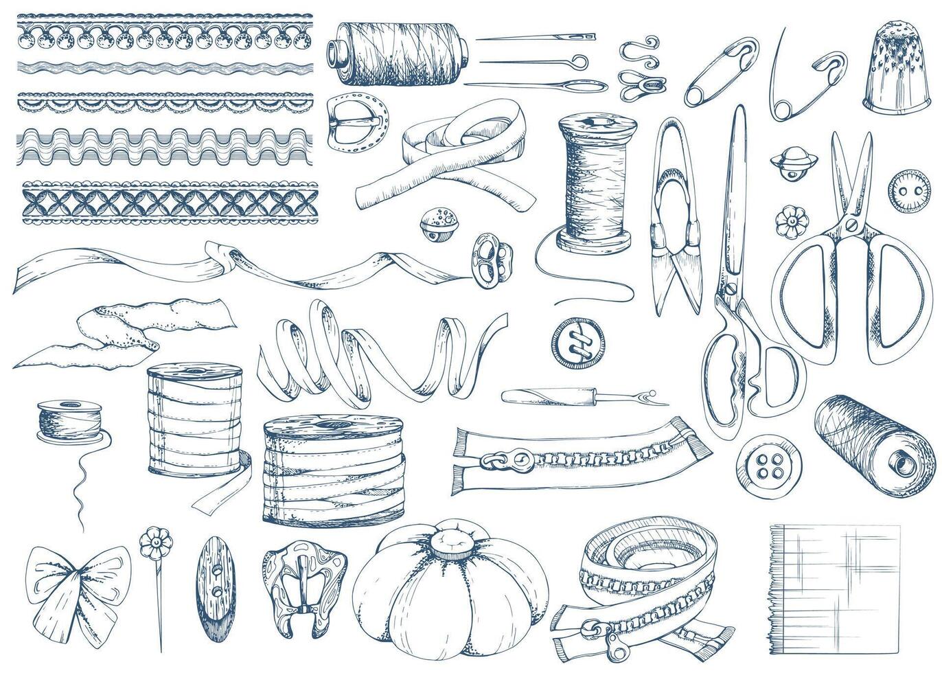 Blue scissors ribbon thread bobbins lace pin cushion buttons thimble pins needles. Hand drawn ink illustration sewing craft supplies. Objects set isolated on white. Atelier, tailor, hobby shop vector