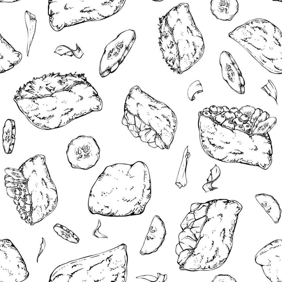 Traditional Japanese food, inari sushi with raw fish salmon tuna crab, tofu wrap, caviar cucumber ginger hand drawn in pen, ink. Seamless pattern for restaurant, cafe menu, kitchen, recipe book vector