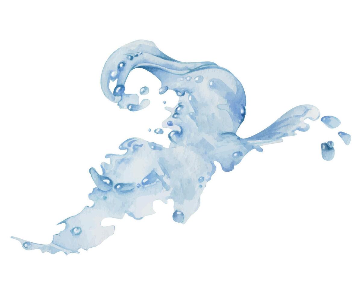 Water flow, splashes bubbles waves with drops, ice cubes hand drawn in watercolor. Blue liquid pouring motion, flowing clear wet spray ripples. Illustration, single object isolated on white background vector