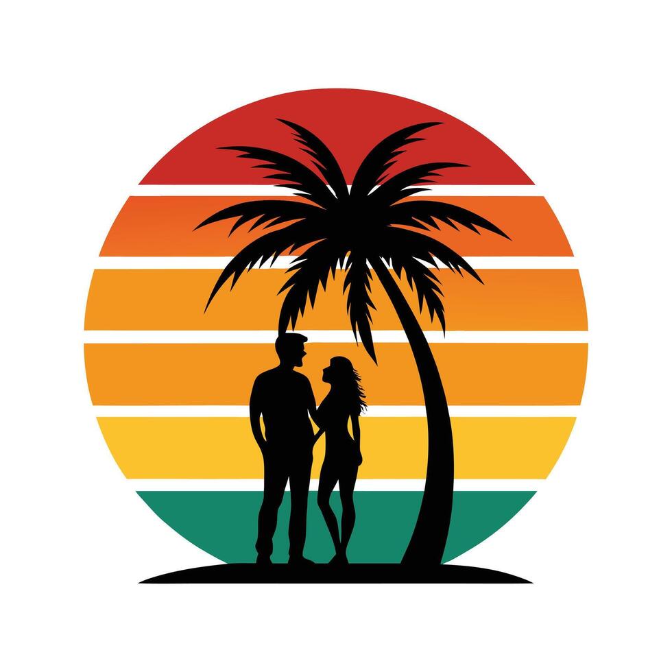 Vintage Romantic Silhouette - Beach Couple with Sunset Ocean for Retro Love Art vector