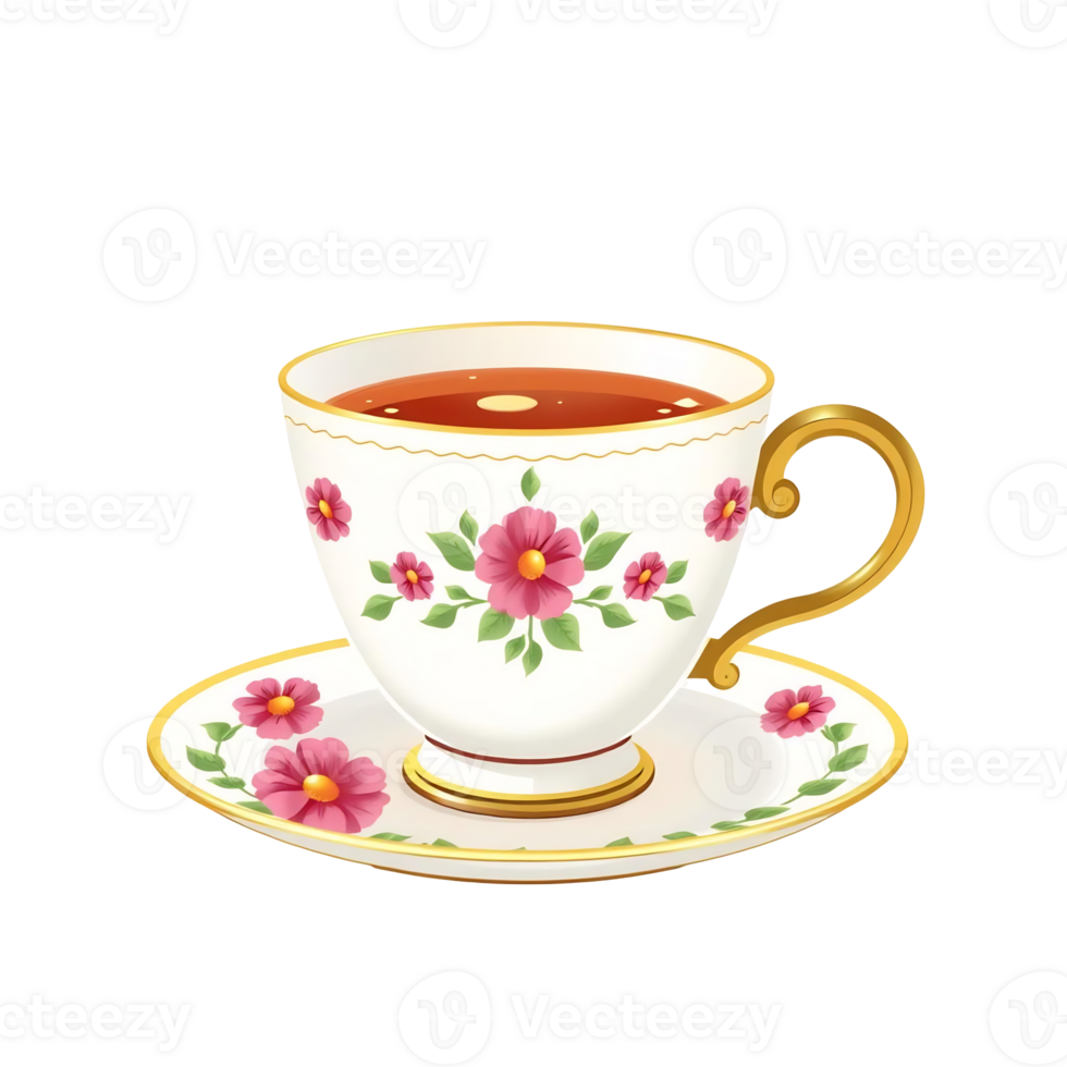 Floral teacup and saucer with hot tea. png