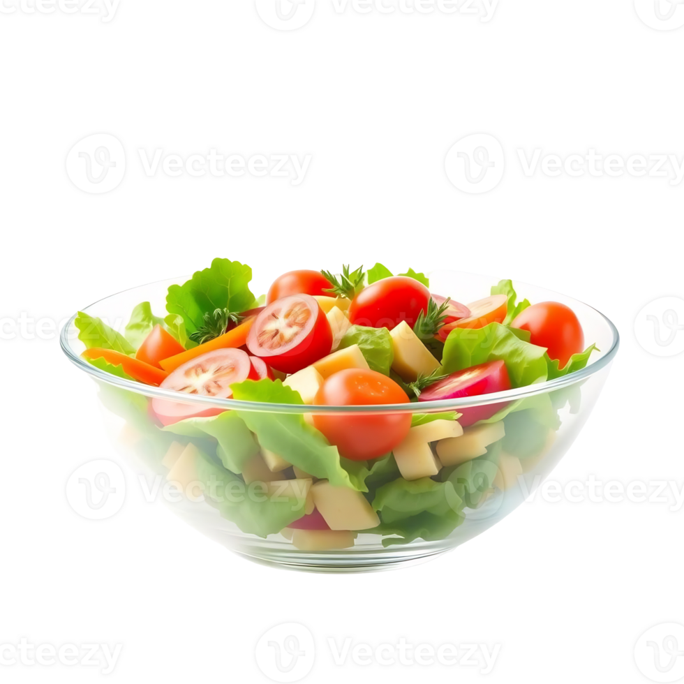 Fresh salad with cheese and tomatoes in a glass bowl. png