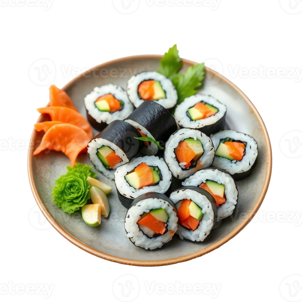 Delicious salmon and avocado sushi rolls on a plate. png
