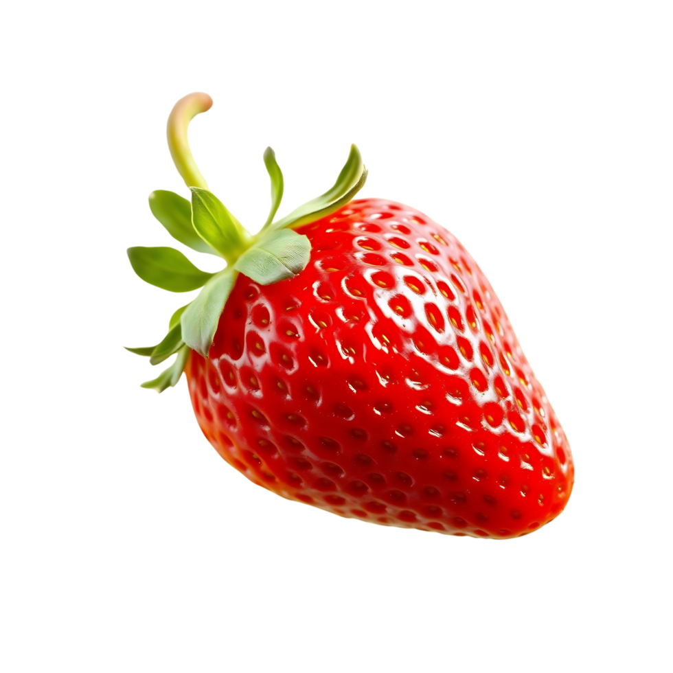 Single ripe red strawberry with green calyx isolated on transparent background png