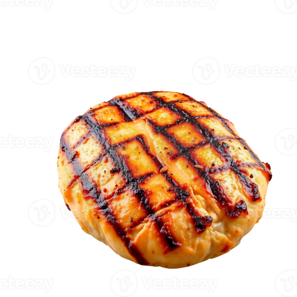 Grilled chicken breast patty, close-up shot, showing grill marks and texture. png