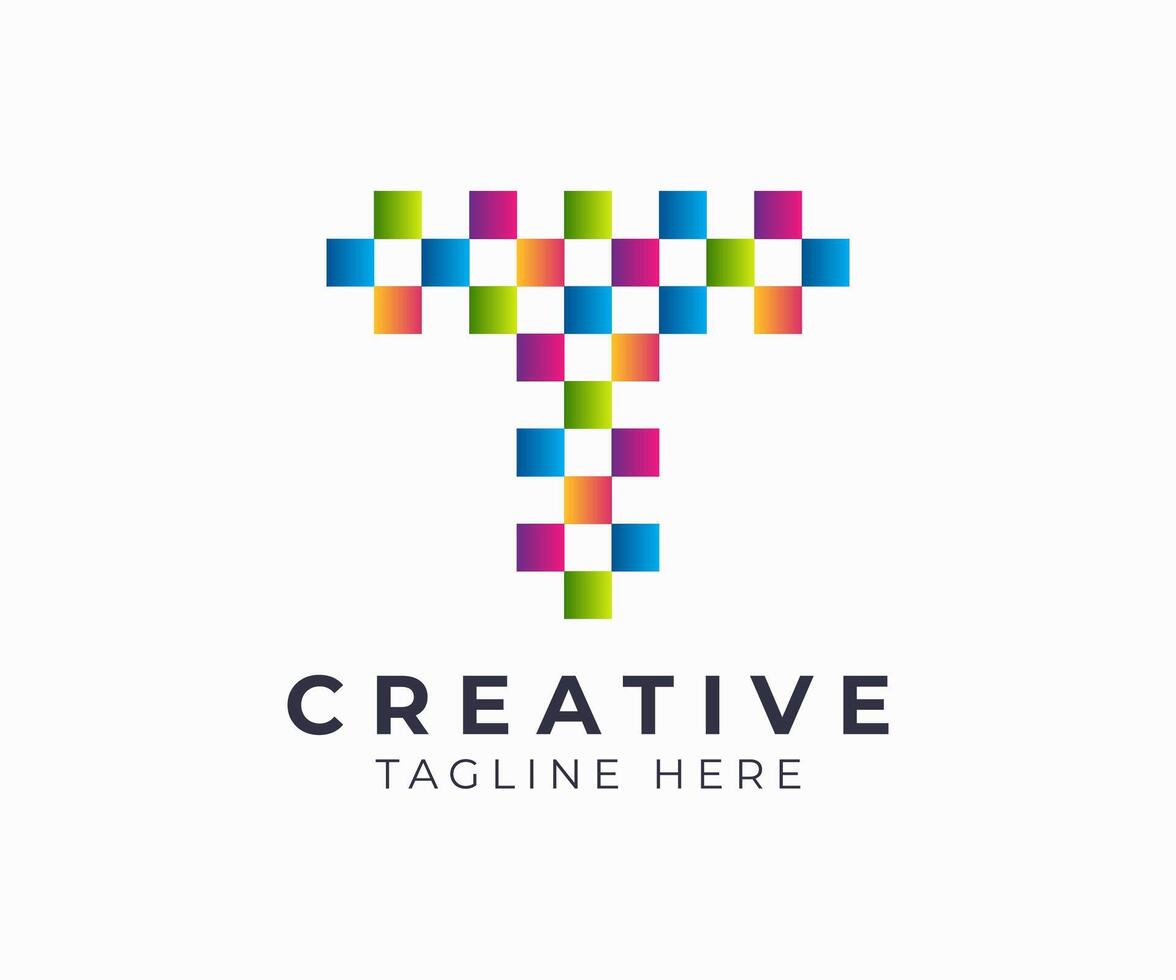 Abstract colorful pixelated T letter logo template icon design for digital business vector