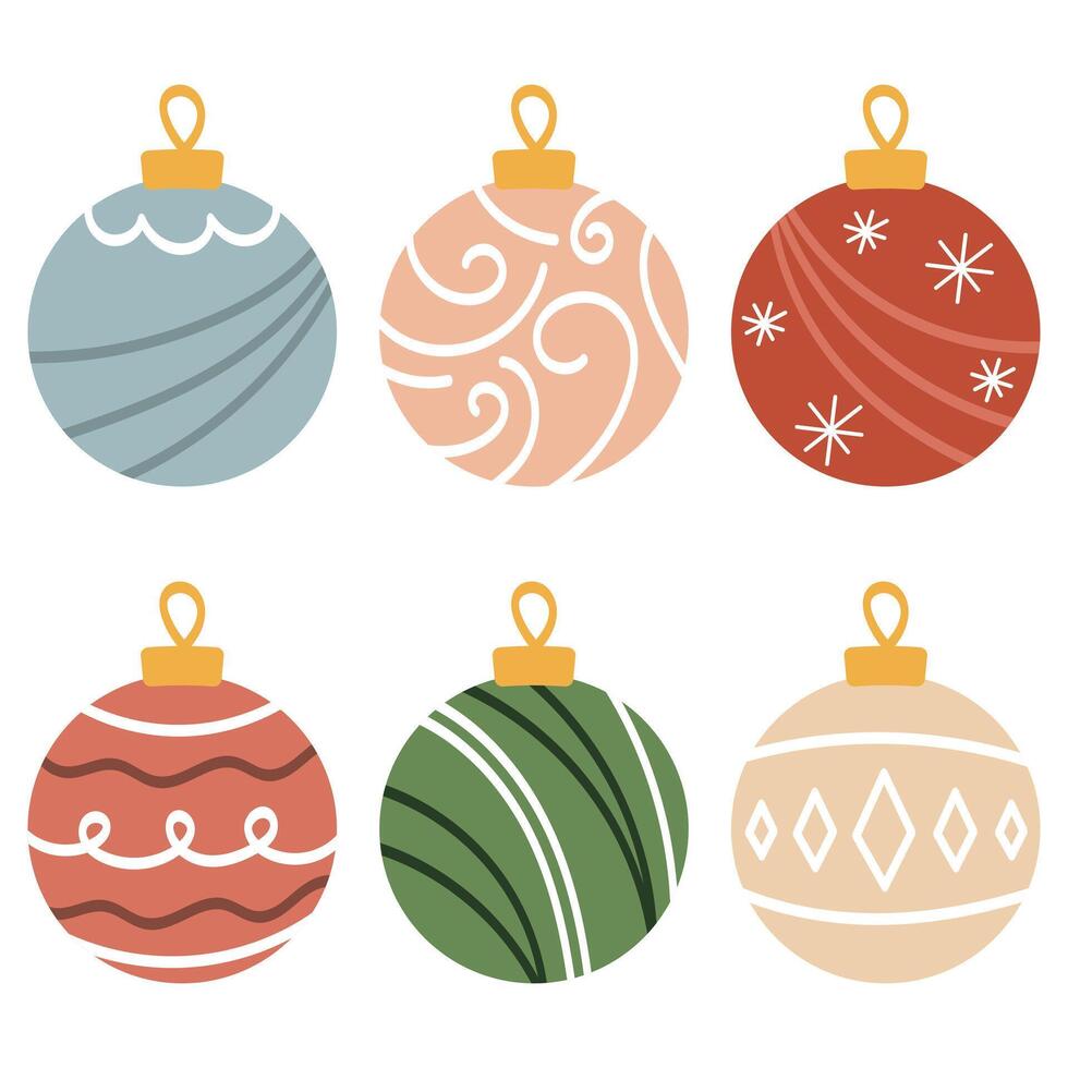 Elegant Christmas Ornaments Set for Festive Decor, A stylish illustration featuring a collection of six beautifully designed Christmas ornaments in pastel and warm tones vector