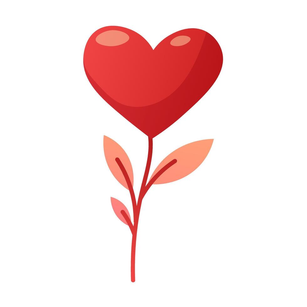 Flower in heart shape. Drawn heart on stem with leaves. botanical element for Valentine's Day vector