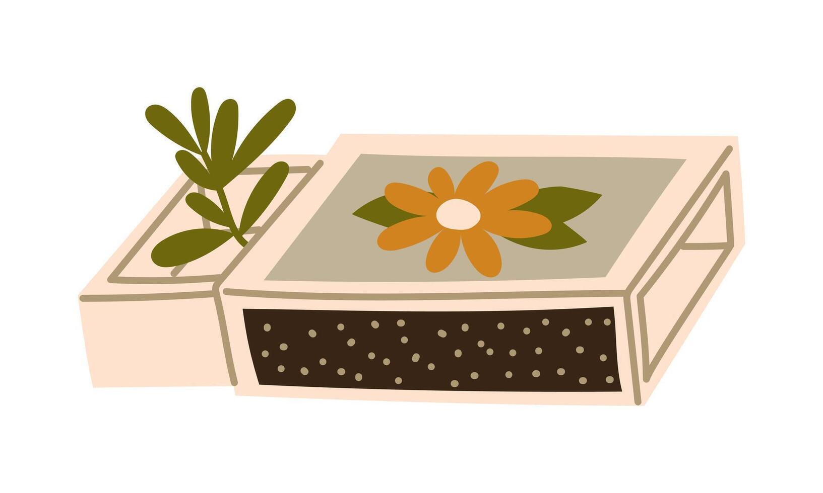 An open matchbox with a flower pattern inside a green branch. An open box of matches. illustration in a flat style on white. Herbarium, dry flowers, storage. For design and the Internet vector