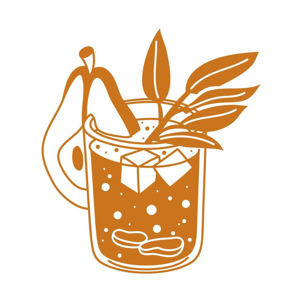 A glass of orange pear cocktail with ginger and ice cubes. A winter soft drink with pieces of fruit in a flat design on a white background. A glass glass with a refreshing drink. Isolated illustration vector