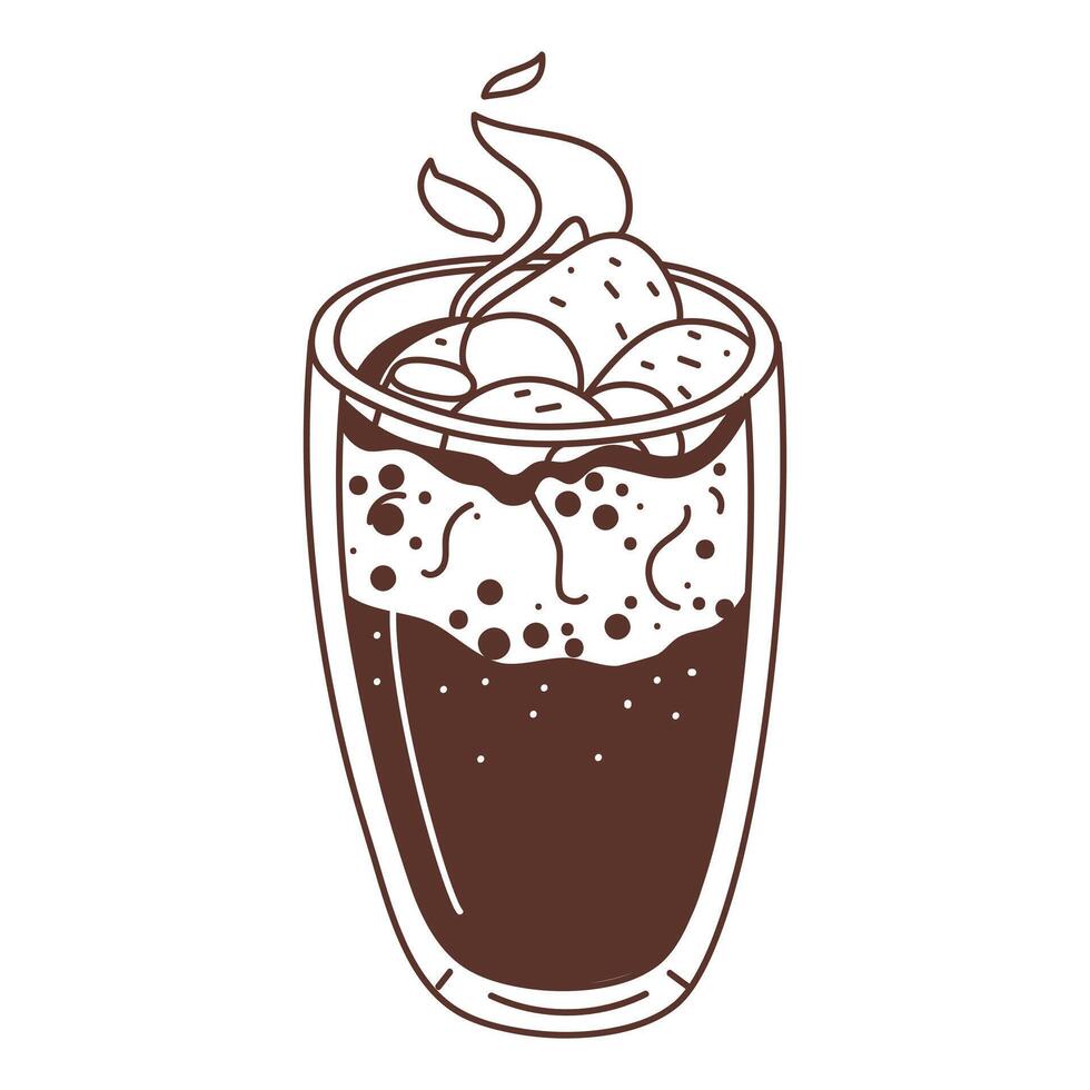 A mug of hot chocolate with marshmallows. Winter soft drink with cocoa in a flat design on a white background. An airy glass glass with a warm drink. A separate illustration vector