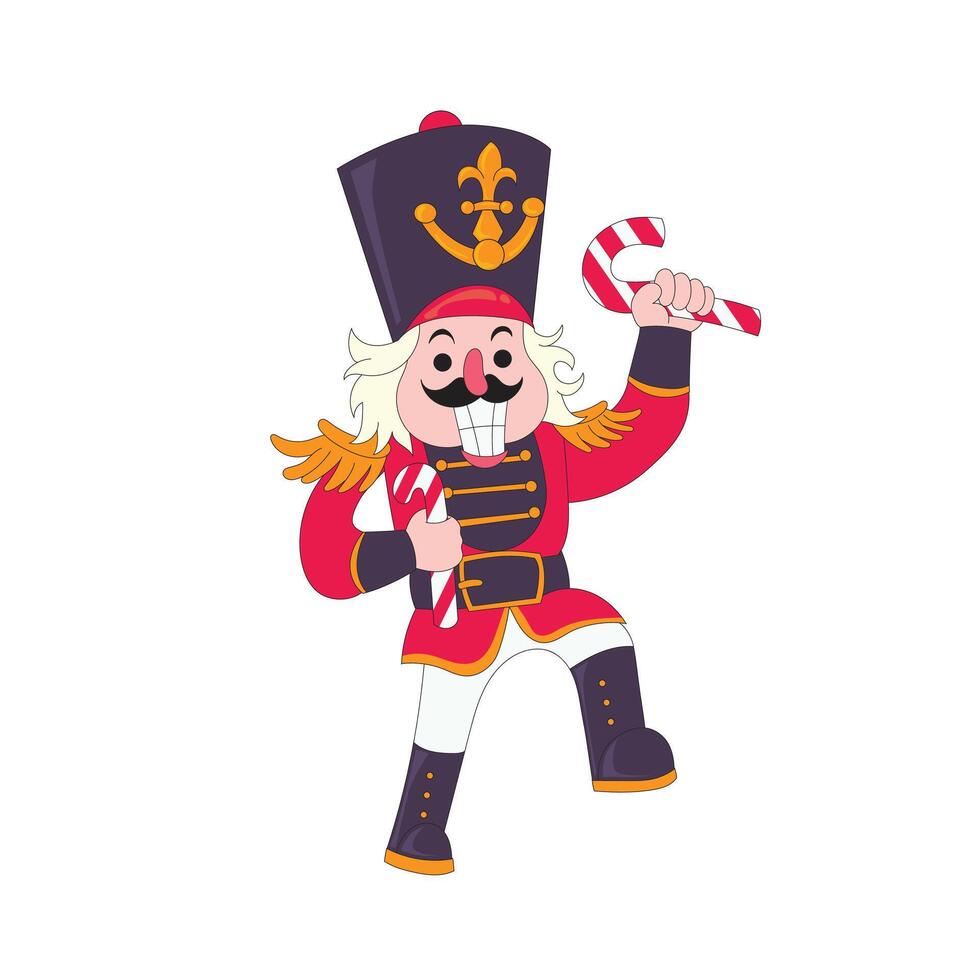 illustration of a cheerful nutcracker prince with a candy cane in his hand vector