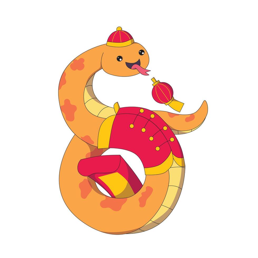 Illustration of an orange snake wearing traditional Chinese clothing, with lanterns and red envelopes around it. vector