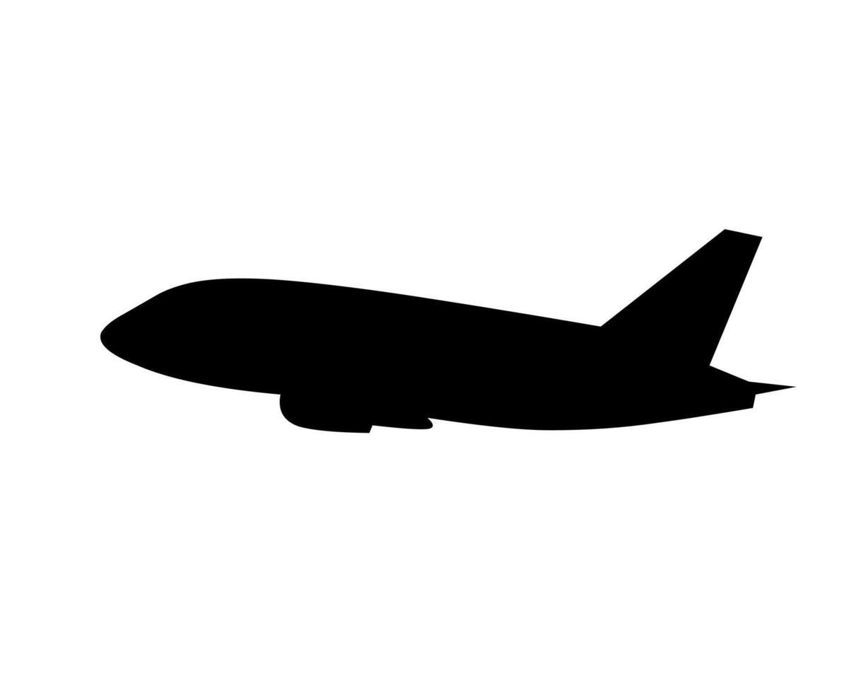 A sleek black silhouette of a commercial airplane in flight. Ideal for travel, aviation, and transportation themes, this minimalist is perfect for logos, posters, or promotional designs vector