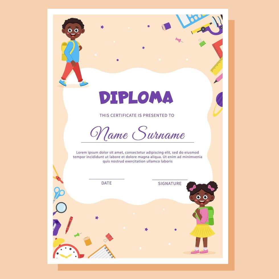 School diploma, certificate template with school supplies and schoolchildren. vector