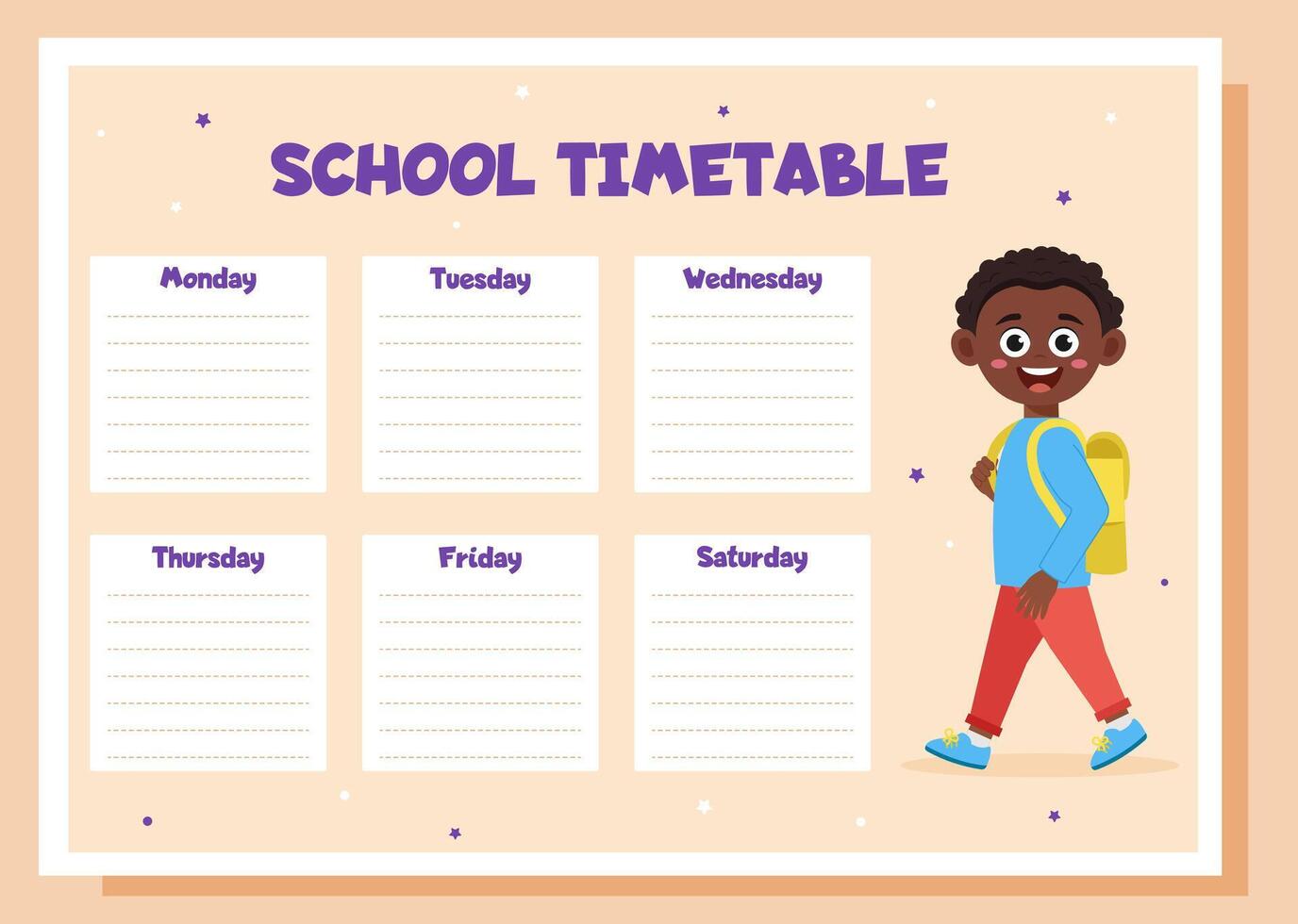 School timetable, lesson schedule and organizer template. Study weekly planner with schoolboy. vector