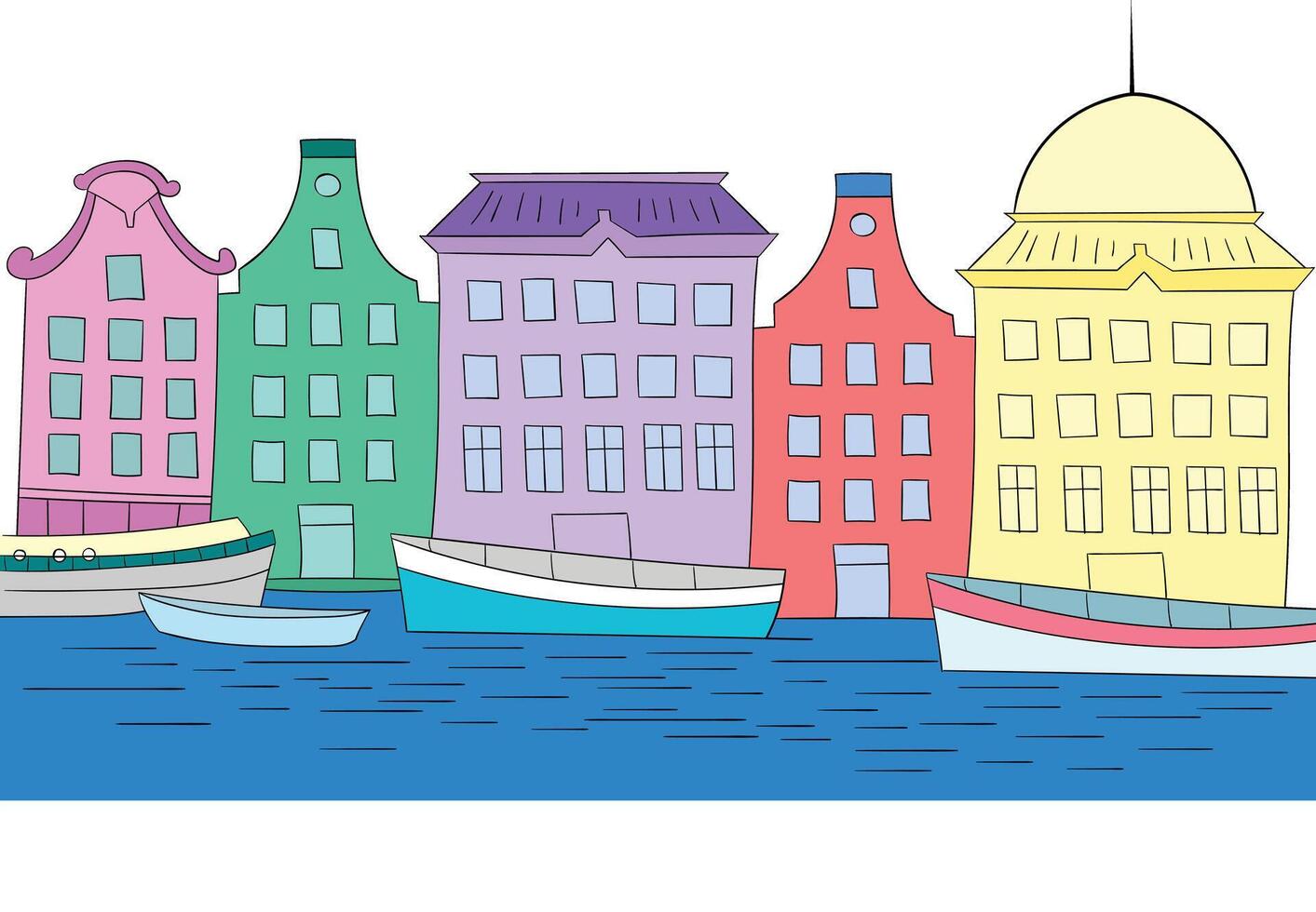 Houses on channel doodle hand drawn color illustration vector