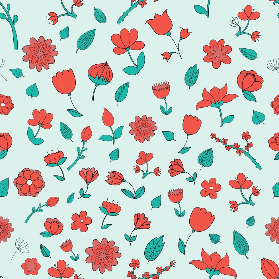 Seamless pattern red fowers doodle hand drawn illustration vector