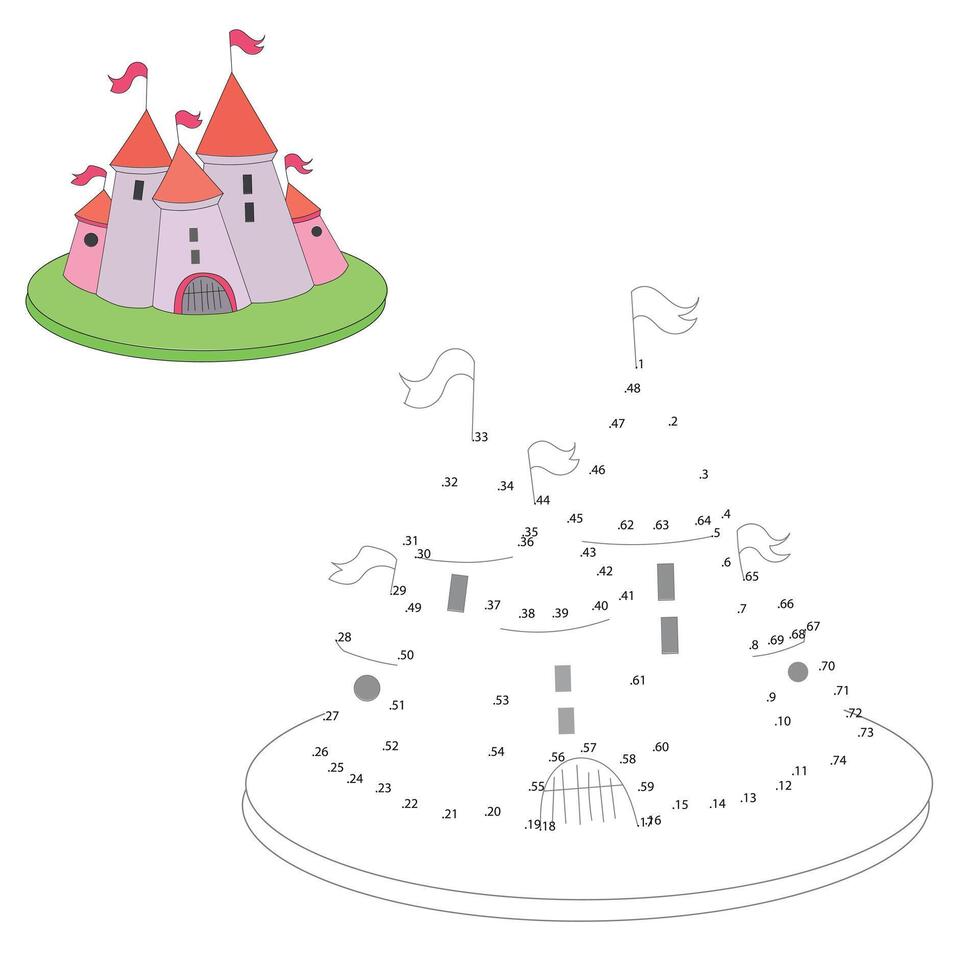 Educational game for children connect the dots to draw cartoon castle hand drawn doodle illustration vector