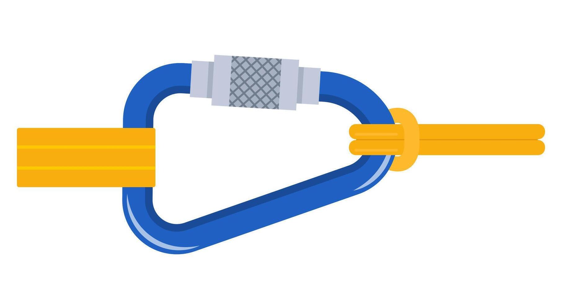 Climbers carbine. Carabiner clip spring hook safety supply for climbing. Sport lock protection alpinist rope rock, mountaineering hiking steel tool, security metal chain. illustration. vector