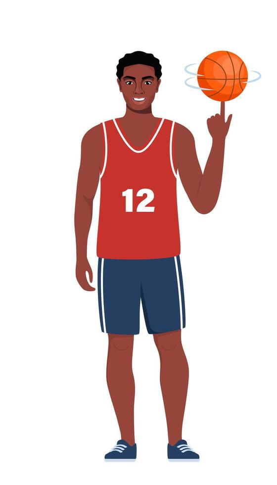 Happy black man basketball player in uniform with ball isolated on white background. illustration. vector