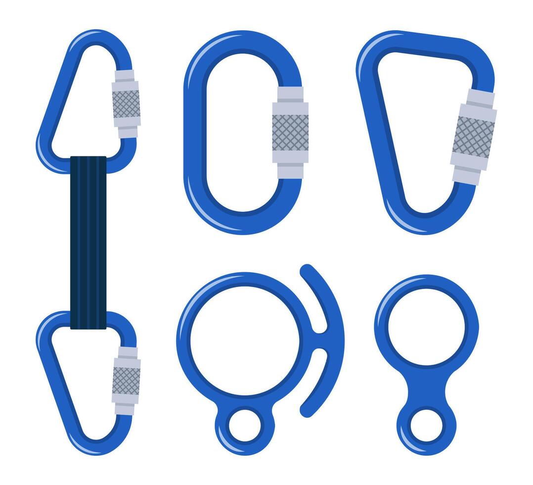 Climbers carbine set. Carabiner clip spring hook safety supply for climbing. Sport lock protection alpinist rope rock, mountaineering hiking steel tool, security metal chain. . vector