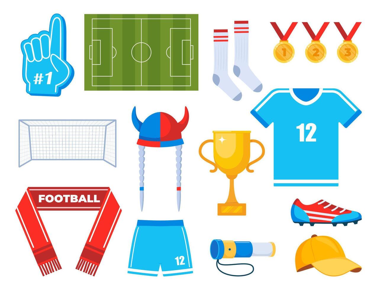 Football game and fan attributes. Soccer cheer accessories. Football match, competition, championship. Set of elements for soccer, football sport event. illustration. vector