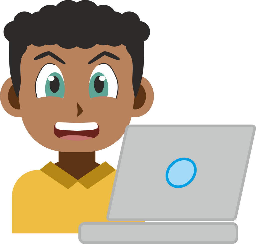 Japanese manga style illustration of a smiling young adult african american man front view using a computer laptop. png