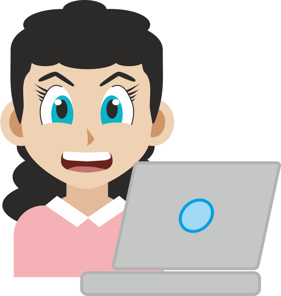 Japanese manga style illustration of a smiling young adult girl front view using a computer laptop png