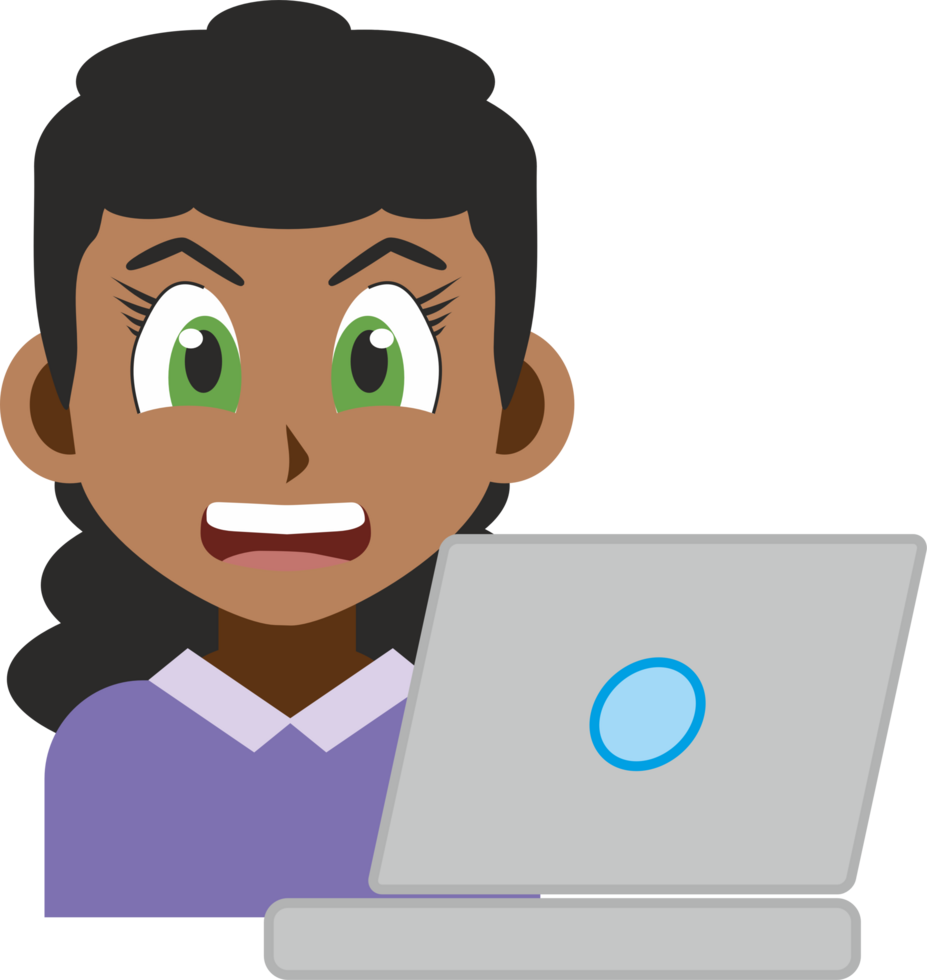 Japanese manga style illustration of a smiling african american young adult woman front view using a computer laptop png