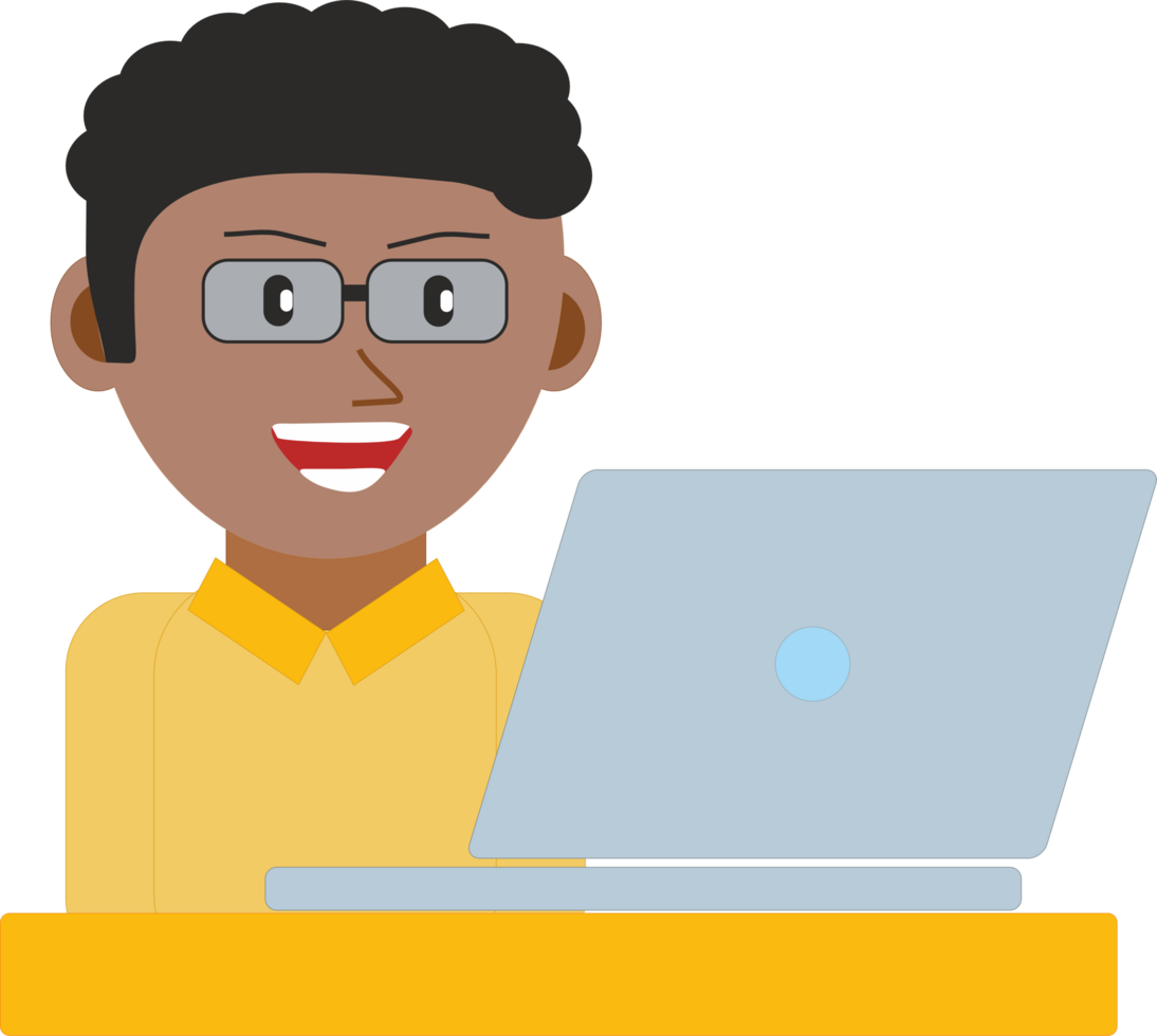 A man in glasses is sitting at a desk with a laptop png